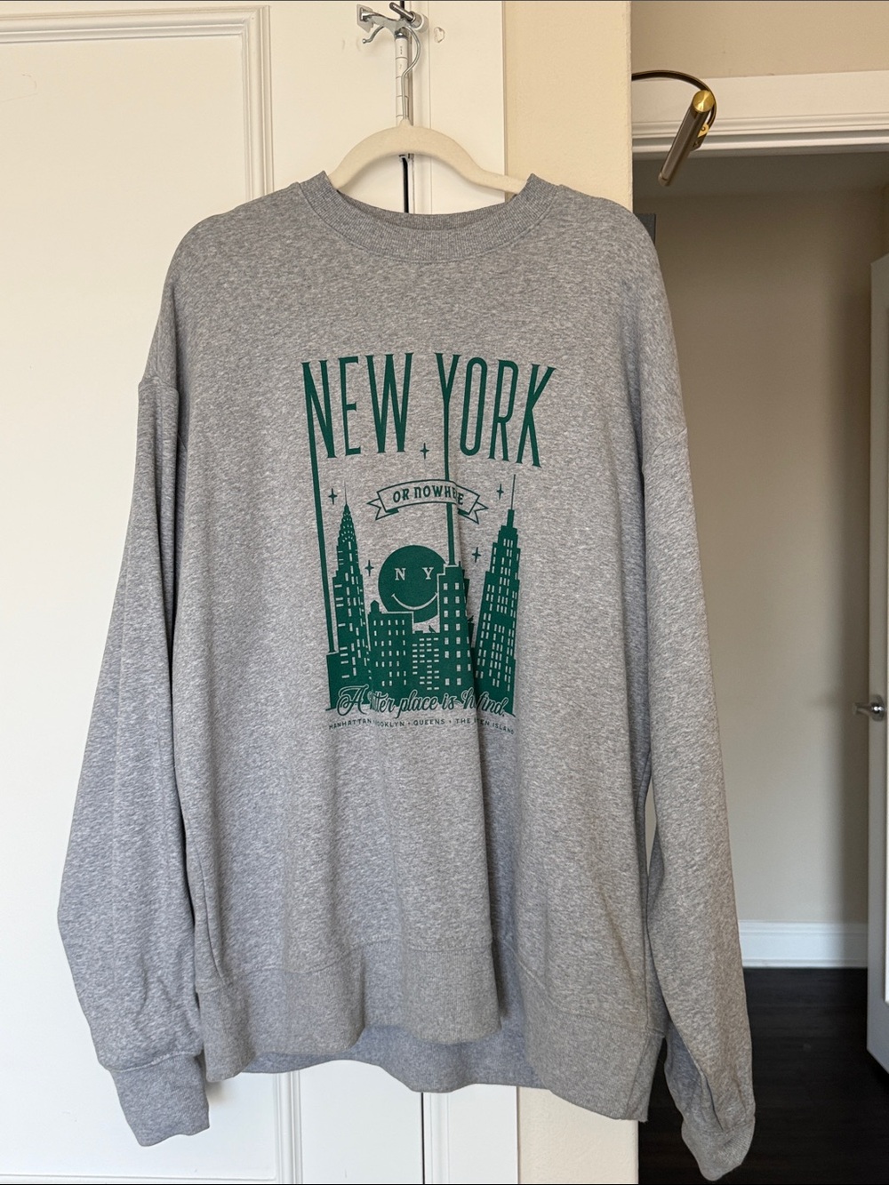 New York Graphic Crewneck Sweatshirt - Gray with Green Print